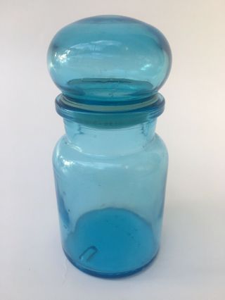 Vintage Aqua Blue Apothecary Jar Bottle Belgium Bubble Lid Top 5.  5 "