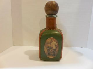 Vintage Noymez Leather Wrapped Wine Bottle Decanter Italy Golf Scenes W/tag