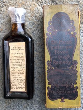 Antique Dr Hess Distemper Fever Cough Remedy Bottle With Label Box Flyer
