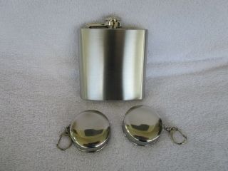 Flask & 2 Shot Folding Cups& Carry Case Set Stainless Steel & Screw Cap