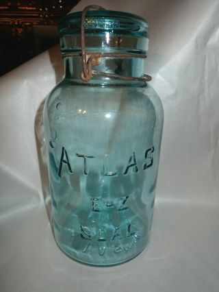 Vintage Atlas Green Half Gallon Canning Mason Jar W/ Wire Bail Glass Lid