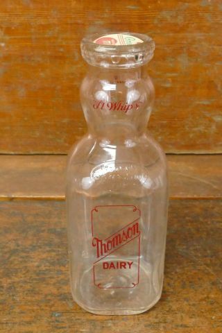 Vintage Thomson Dairy Red Cream Top Quart Milk Bottle " It Whips " Albert Lea,  Mn