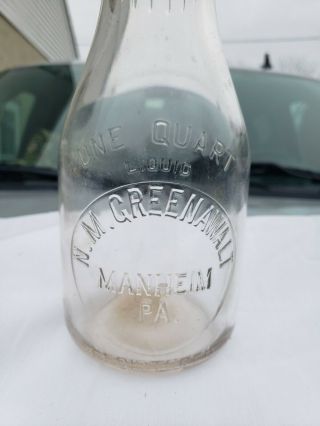 Early Quart N.  M.  Greenawalt Manheim Pa.  Milk Bottle In.