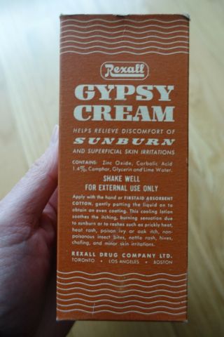 Vintage Nos Apothecary Pharmacy Rexall Gypsy Sunburn Cream Box,  Bottle,  Contents