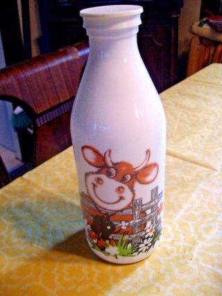 Vintage Egizia White Milk Glass Bottle W/lid Hand Painted Milk Cow Bell Fence