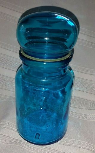 Vintage Aqua Blue Glass Apothecary Jar Bubble Top W/ Seal Art Glass Belgium 7 "