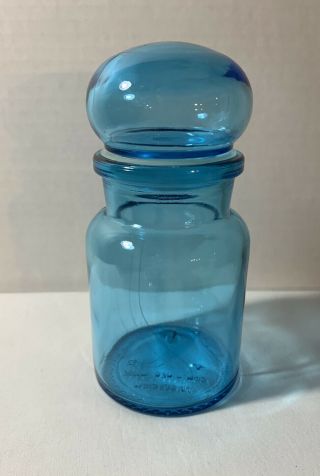 Vintage Aqua Blue Glass Apothecary Jar W/ Bubble Top - Made In Belgium -
