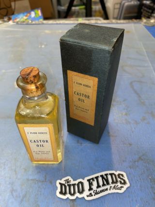 Vintage Antique Castor Oil Bottle With Cork And Box Johnson & Johnson
