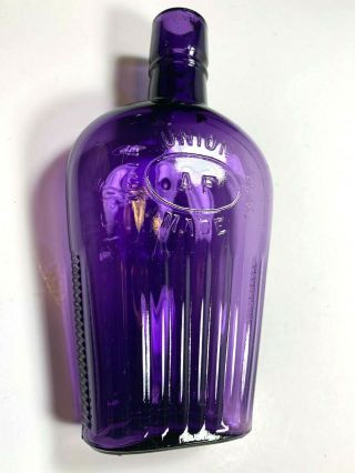 Deep Purple Ribbed 1/2 Pt Coffin Whiskey Flask Old West Union Made 1890s Bottle