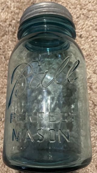 Vintage Lucky 13 Ball Perfect Mason Blue Quart Jar And Ball Zinc Lid
