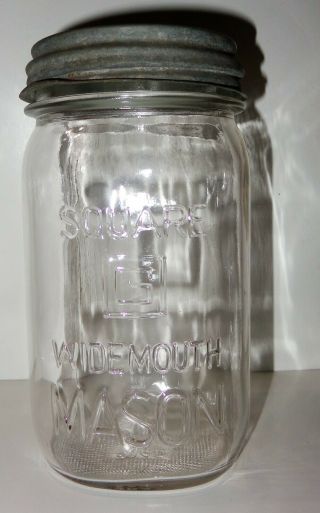 Old Vintage Square G Wide Mouth Mason Quart Glass Canning Jar With Ball Zinc Lid