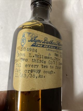 Vintage REXALL Prescription Cough Syrup Glass Medicine Bottle 4 Oz 1938 3