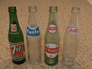 Vintage Glass Pop Bottles: 7up,  Fanta,  Pepsi,  Dr Pepper 10 - 2 - 4