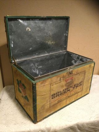 Antique Vintage “golden Cup Green Tea” Tin Lined Crate/box W/hinged Lid