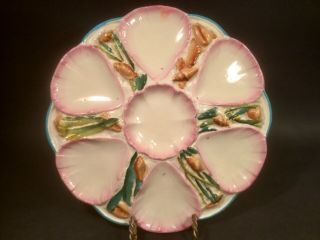 Antique Majolica Sea Shells And Seaweed Oyster Plate For 6 Oysters