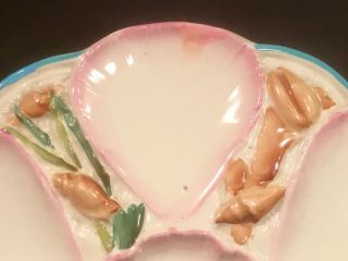 Antique Majolica Sea Shells and Seaweed Oyster Plate for 6 Oysters 3