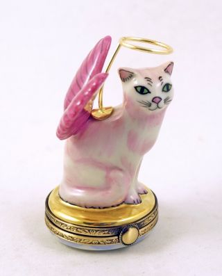 French Limoges Trinket Box Angelic Cat With Pink Wings On Gold Box