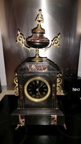 Antique Victorian Black Slate Mantel Clock 54cm Tall