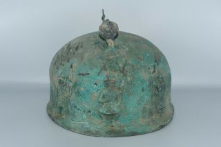 Large Ancient Bactrian Bronze Helmet with 3 Nobleman Figurine Inlays 3