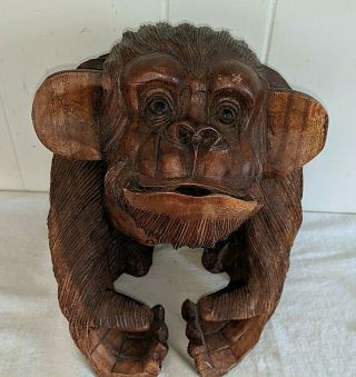 Vtg Antique Hand Carved Heavy Wood 10” Monkey Gorilla Chimpanzee Statue Figure