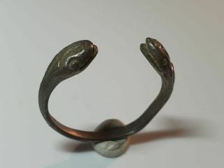 0279.  Ancient Roman Silver Ring With Snake Heads Terminals 1st Century Ad