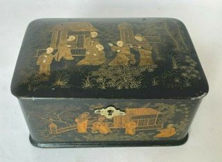 Antique English Black Lacquer Papier Mache Chinoiserie Box Mid Of The 19th C.