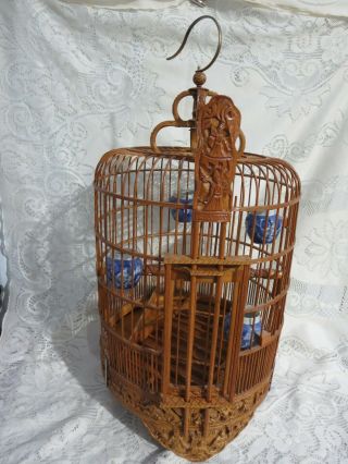 Vintage Chinese Bamboo Bird Cage W/ 4 Porcelain Bird Feeders
