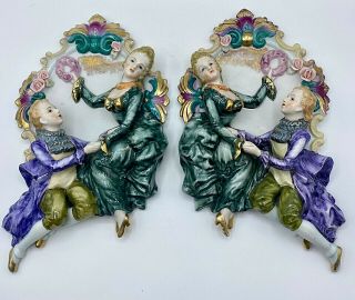 Antique German Porcelain Wall Plaques Courting Couple High Relief 12 " X7