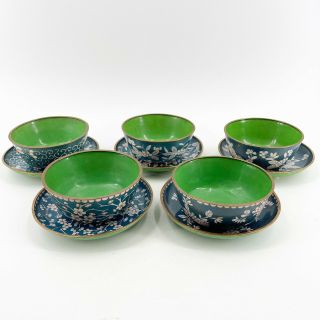 Antique Chinese Cloisonne Rice Bowl & Plate 10 Pc Set Turquoise Enamel Brass