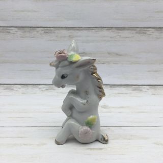 Vintage Japan Ceramic White Pink Floral Pony Horse Figurine