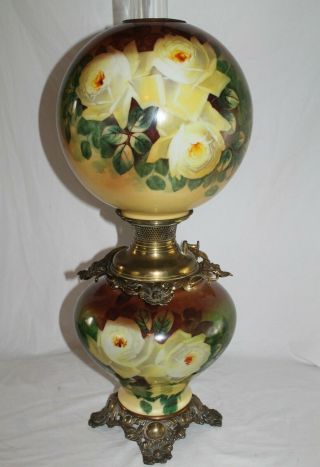 Rare Large Antique Gone With The Wind Oil Lamp With Roses - 12 " Shade (gwtw Lamp)
