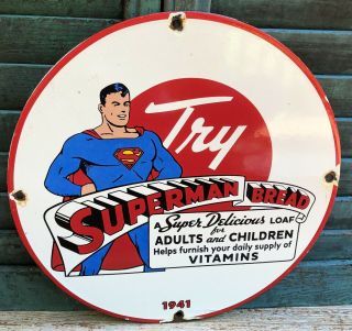 Rare Vintage Superman Bread Porcelain Comic Book Gasoline Oil Sign 1941 White
