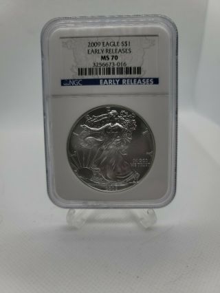 2009 American Silver Eagle Ngc Ms70 Early Release Blue Label Rare.  Spots