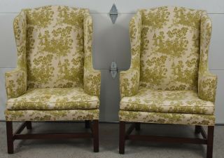 Kittinger Williamsburg Mahogany Wing Arm Chairs Toile Fabric Cw 12 Rare