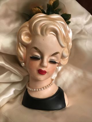 Rare Inarco (e - 2254) Lady Head Vase Blonde Black Dress Pearl Necklace Earring