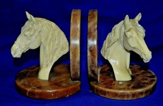 A Vintage Marble/alabaster Horse Head Bookends Art Deco Rare Equestrian