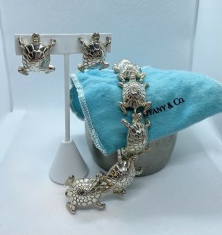 Vintage Tiffany & Co.  Rare Sterling Silver Turtle Bracelet And Clip Earrings