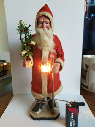 Vintage Rare Light Up Paper Mache Santa.  Made In Germany.  Lantern Lights Up