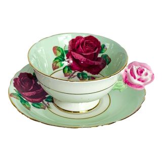 Rare - Paragon Rose Handle 2 Warrant Red Cabbage Rose Green Tea Cup Saucer