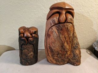 2 Rare Vintage Raymond Pelton Carved Wood Tree Limb Stash Trinket Puzzle Box Owl