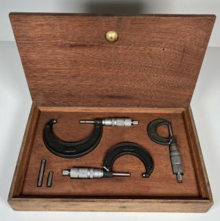 Rare Vintage Central Tools Set Of 3 Micrometers In Wood Box - Euc