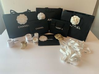 Chanel Paper Shopping Gift Bags With Camellia Ribbon Gold Ribbon Flower Rare