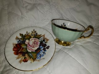 Spectacular And Rare Aynsley Cabbage Rose Teacup And Saucer - Seafoam - J.  A.  Bailey
