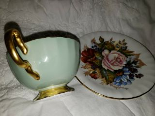 SPECTACULAR and RARE Aynsley Cabbage Rose Teacup and Saucer - SEAFOAM - J.  A.  Bailey 6