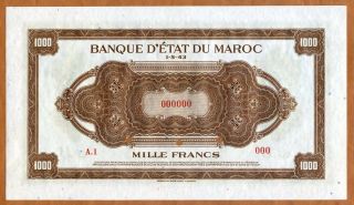 Specimen,  Morocco,  1000 Francs,  1943 P - 29,  UNC Rare Large Size Note 2