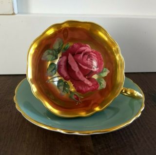 Vintage Antique Paragon Red Gold Cabbage Rose Tea Cup And Saucer Rare Estate