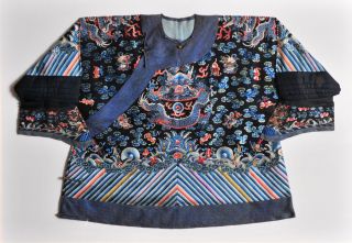 A Rare And Important Qing Dynasty Embroidered Silk Dragon Robe,  Framed.