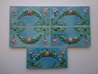 Old Vintage Rare Art Nouveau Majolica Ceramic Tiles Made In Japan 5 Pc 6x3 Inch