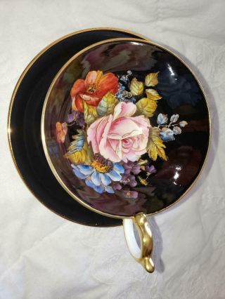 Rare Aynsley Cabbage Rose Teacup And Saucer - Black With Pink Rose