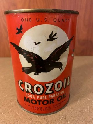Rare 1940 ' s 1Qt Crozoil Motor Oil Can / Fort Worth,  Texas - NR 5